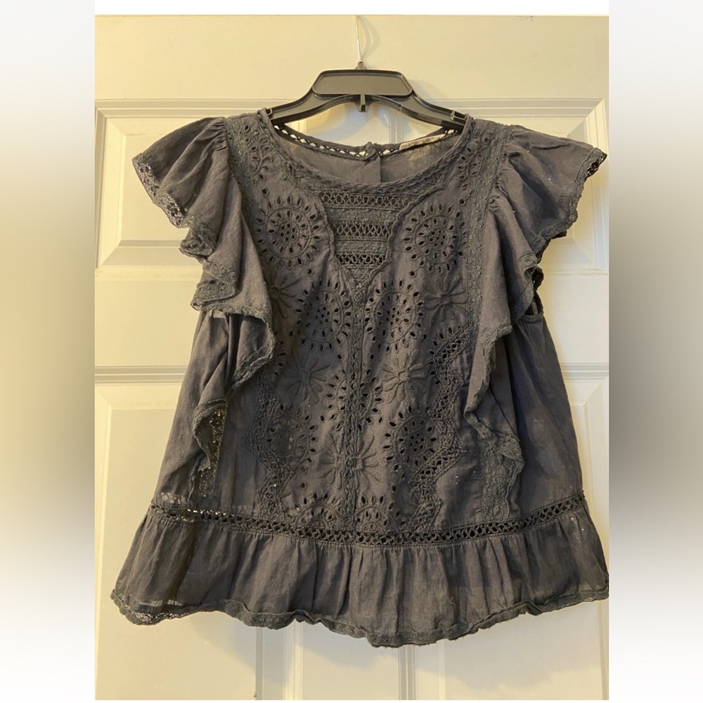 LoveShackFancy Black Eyelet Ruffle Blouse